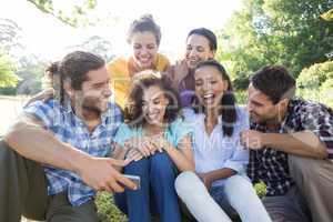 Smiling friends in the park taking selfie