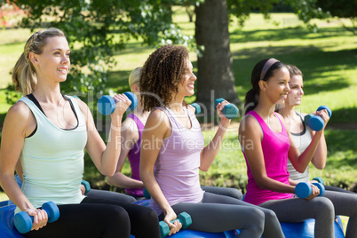 Fitness group lifting hand weights in park