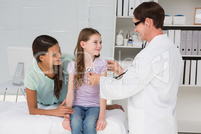 Doctor examining little girl with her mother