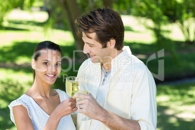 Happy couple toasting in the park