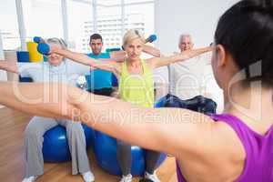 People working out with dumbbells in fitness club