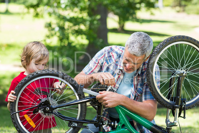 Father and his son fixing a bike