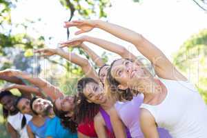 Fitness group doing yoga in park