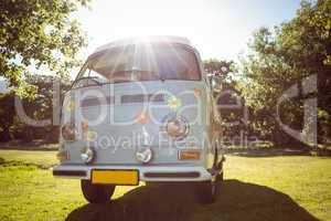 Retro camper van in a field