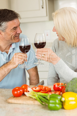 Happy mature couple having red wine while making dinner