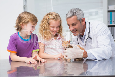 Veterinarian examining a cute cat with its owners