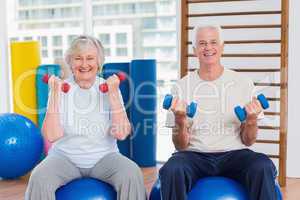 Happy senior couple lifting dumbbells on exercise ball