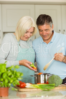 Happy mature couple making dinner together