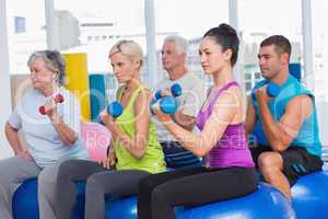 People working out with dumbbells in gym class