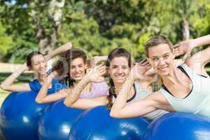 Fitness group using exercise balls in park