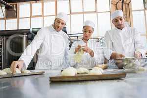 Concentrated colleagues kneading uncooked dough