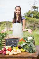 Pretty brunette selling organic vegetables