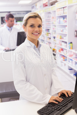 Pharmacist using the computer