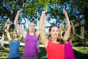 Fitness group lifting hand weights in park