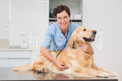 Veterinarian examining a cute dog with a stethoscope