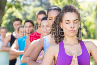 Fitness group doing yoga in park