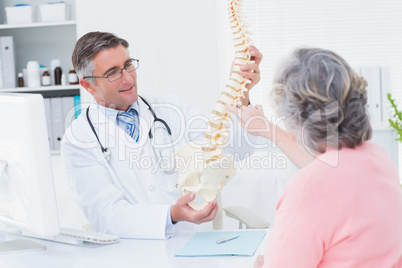 Doctor showing anatomical spine while patient touching it