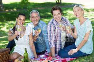Happy couples toasting at the park