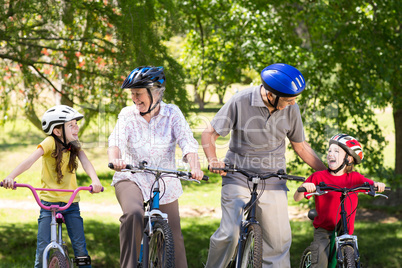 Happy grandparents with their grandchildren on their bike