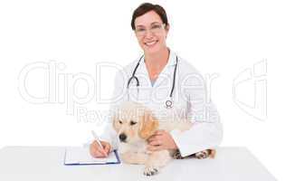 Smiling veterinarian examining a cute dog