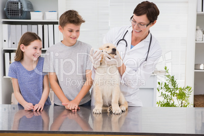 Smiling vet examining a dog with its owners