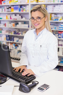 Pharmacist using the computer