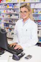 Pharmacist using the computer