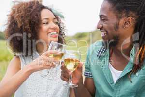 Young couple on a picnic drinking wine