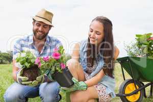 Happy young couple gardening together