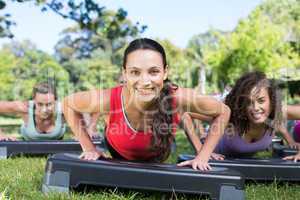 Fitness group using steps in park