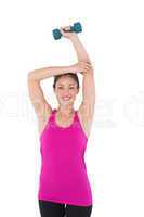 Fit woman with blue dumbbell