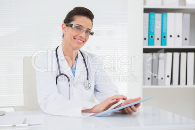 Veterinarian sitting and holding tablet