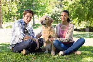 Happy couple with their dog in the park