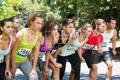 Fit people running race in park