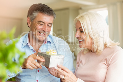 Happy mature man offering wife a gift