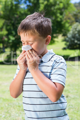 Little boy blowing his nose