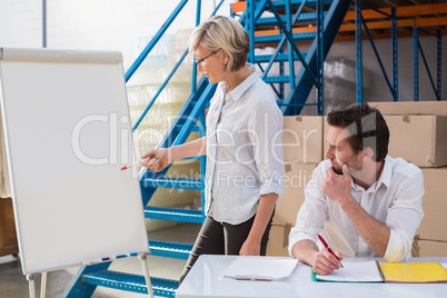 Focused manager taking notes during presentation