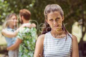 Brunette upset at seeing boyfriend with other girl