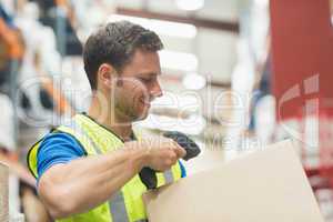 Smiling manual worker scanning package