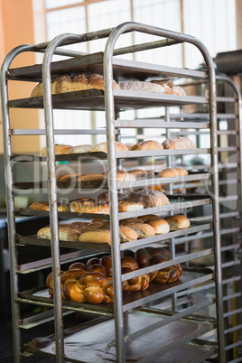 Catering building with shelf of hot breads