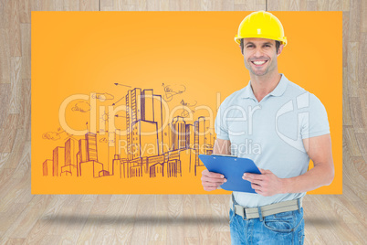 Composite image of happy architect holding clip board