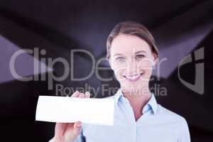 Composite image of businesswoman showing her business card