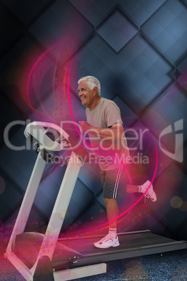 Composite image of full length of a senior man running on a trea
