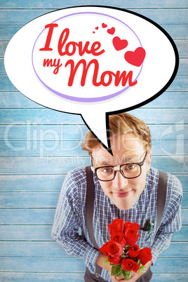 Composite image of geeky hipster holding a bunch of roses
