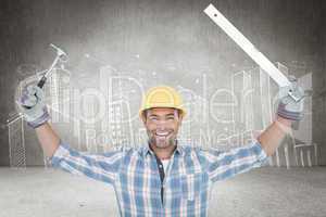 Composite image of smiling handyman holding hammer and level