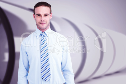 Composite image of cheerful businessman posing with hands in poc