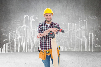 Composite image of confident male carpenter with drill machine a