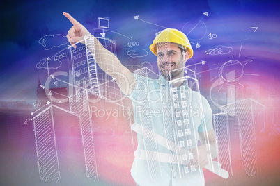 Composite image of male architect with blueprints pointing away