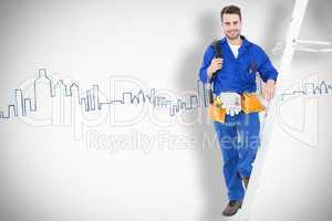 Composite image of confident construction worker standing by lad
