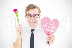 Composite image of geeky hipster holding a red rose and heart ca